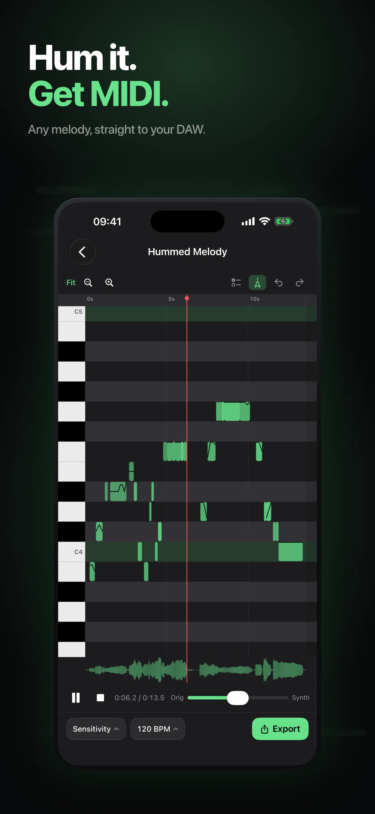 Earworm screenshot — hum it, get MIDI