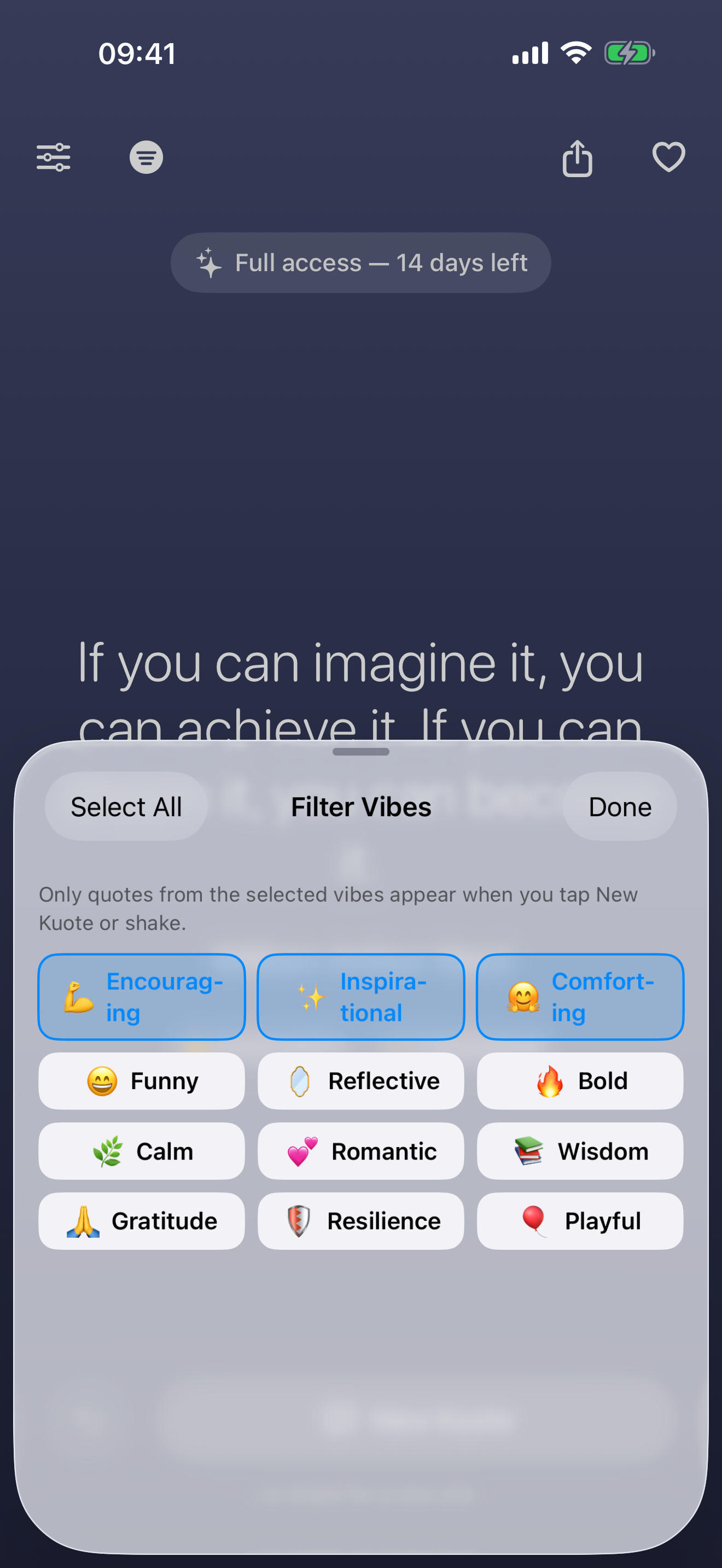 Kuote screenshot — vibe filter