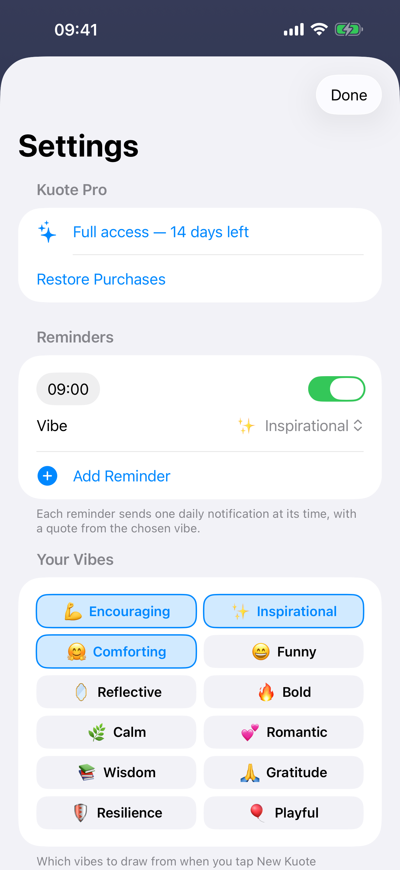 Kuote Screenshot - Settings and reminders