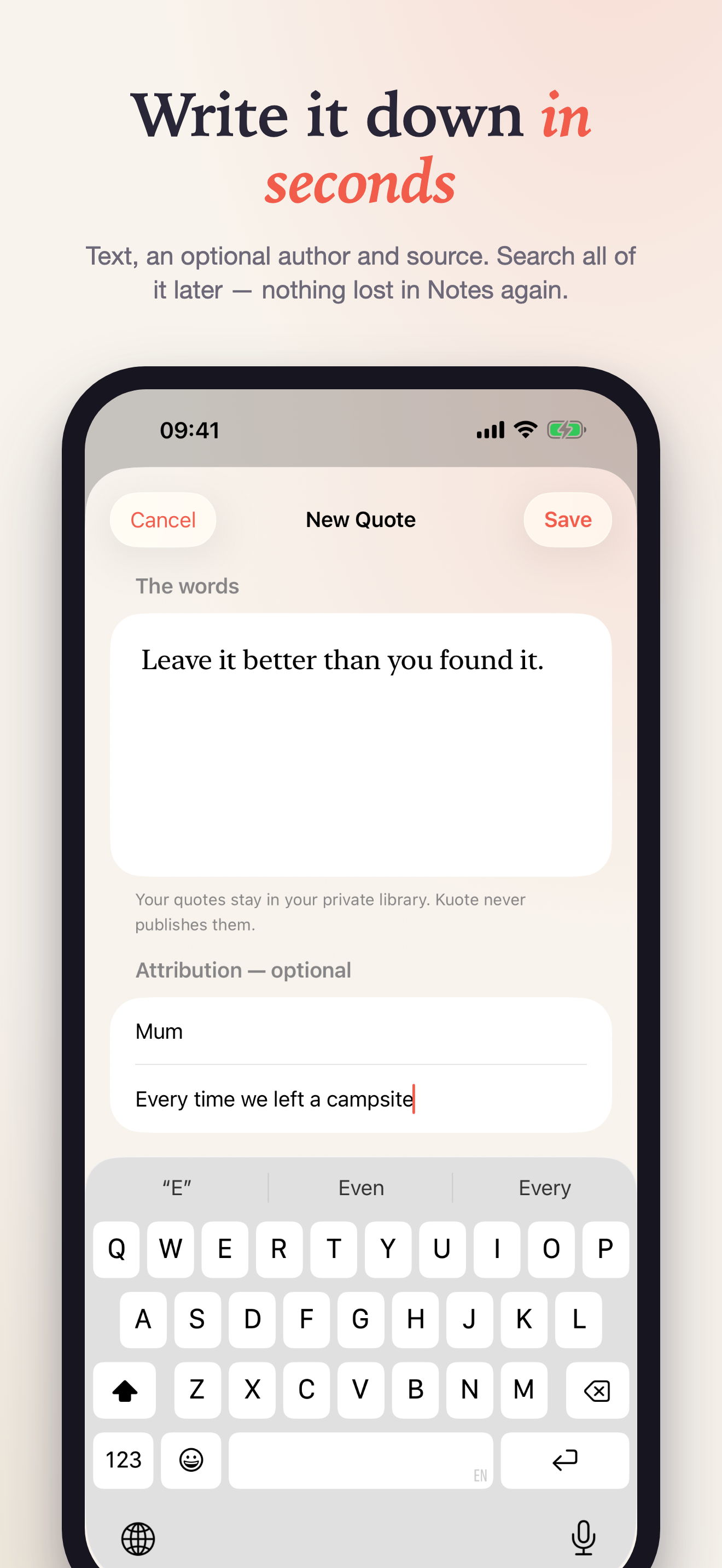 Kuote Screenshot - Writing a new quote with attribution and source