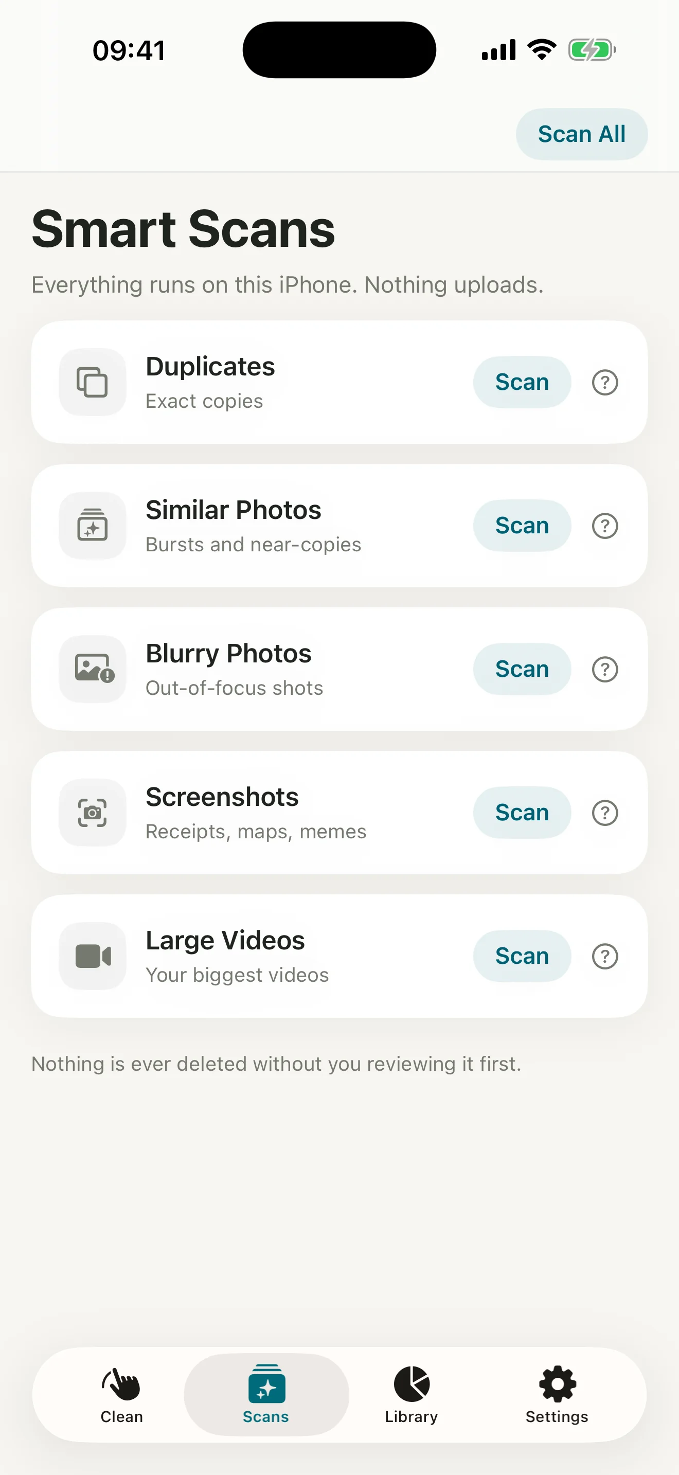 Lighten screenshot — the five smart scans